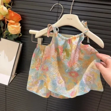 2pc set Kids Girl Clothing Fashion New Baby Girl Sling Set Summer Thin Loose Children Camisole + Shorts Suit Girls Outfits 2