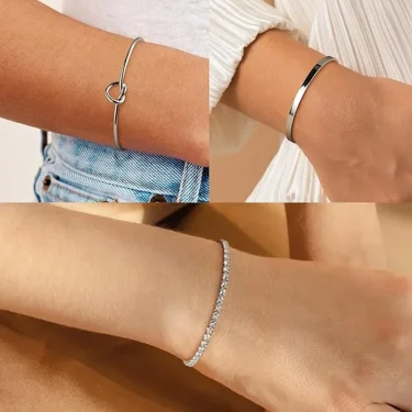 3pcs Stainless Steel Stack Cuff Bracelets for Women 14K Silver Plated Adjustable Jewelry Gifts Luxury CZ Chain Love Knot Bangles 5