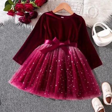 Christmas Girls Sequin Princess Dress Winter Long Sleeve Princess Birthday Party Xmas Costume 3-8Yrs Children New Year Clothing 1