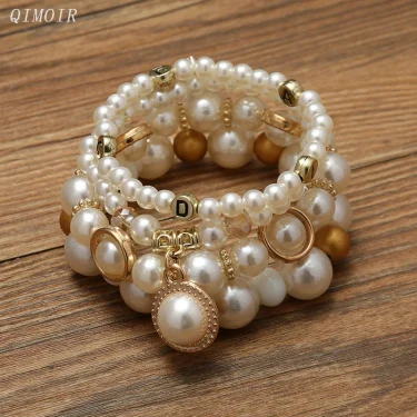 Imitation Pearl Stretch Bead Bracelets Set For Women Metal Adjustable Elastic Charms Vintage Strand Girls' Fashion Jewelry C1306 1