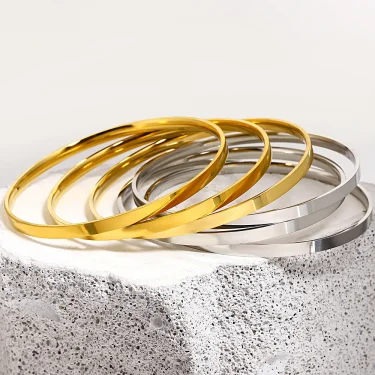 Greatera 3pcs/set 316L Stainless Steel Round Smooth Bracelets Bangles for Women 18K Gold Plated Metal Waterproof Jewelry 4