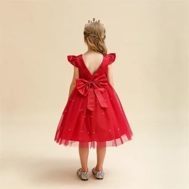 Toddler Girl Red Christmas Princess Dress Cute Baby Girl 1st Birthday Party Tutu Gown Newborn Backless Bow Beading Xmas Costume 6