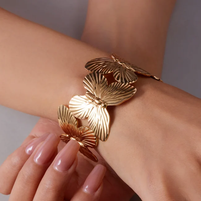 Elegant Big Metal Flowers Cuff Bangle for Women Girls Sweet Gold Color Butterfly Bracelets Aesthetic Party Jewelry Accessories 5
