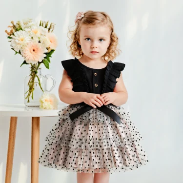 Baby Girl Ruffles Sleeves Knitted Dress Kids Polka Dot Mesh Dress Girl Princess Cake Dress Kid Elegant Black Dress For 2-6 Years 1
