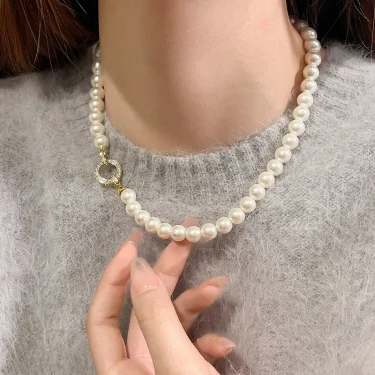 French Elegant Micro Set Zircon Round Buckle Imitation Pearl Beaded Necklace For Women's Temperament Jewelry Sweet Accessories 4