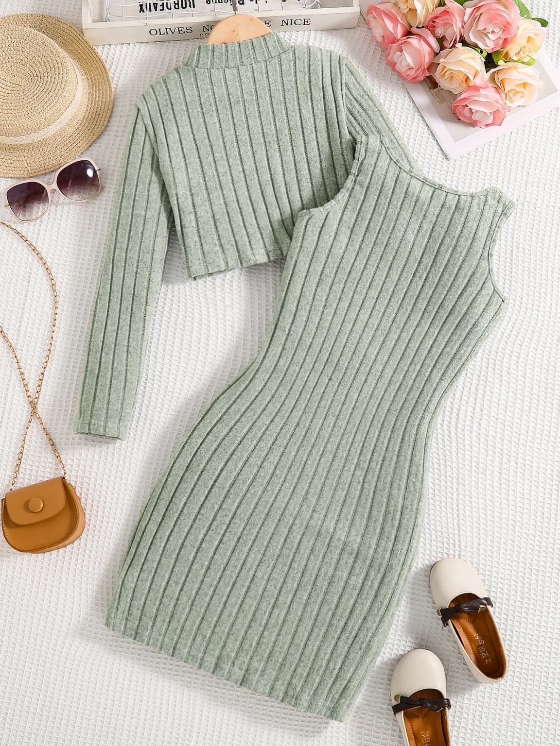 Spring and autumn new girls fashion knitted solid color pit strip mid-collar long-sleeved shirt + sleeveless vest casual dress 2 2
