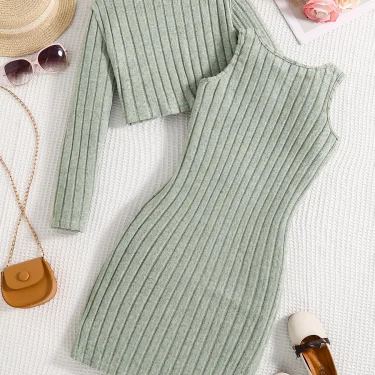 Spring and autumn new girls fashion knitted solid color pit strip mid-collar long-sleeved shirt + sleeveless vest casual dress 2 2