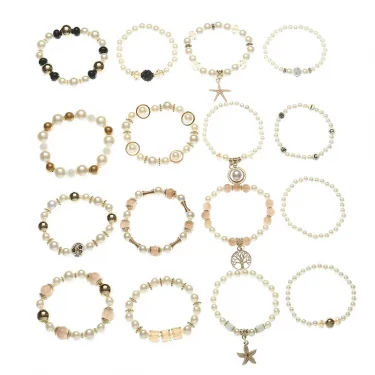 Imitation Pearl Stretch Bead Bracelets Set For Women Metal Adjustable Elastic Charms Vintage Strand Girls' Fashion Jewelry C1306 6