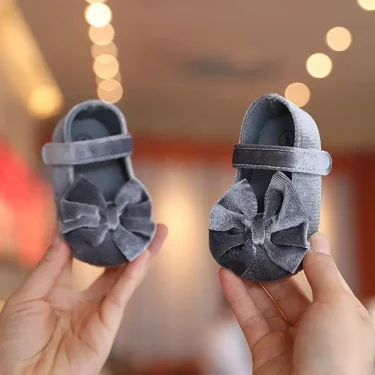 Spring and Autumn Newborn Flannelette Princess Shoes Baby Girls Bow Flat Shoes Toddler Baby Soft Rubber Sole First Walking Shoes 3