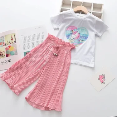 2 3 4 5 6 7 8 Years Summer Girls Clothing Sets New Cotton Fashion Short Sleeved+Wide Leg Pants Casual Two Piece Set Kids Clothes 1