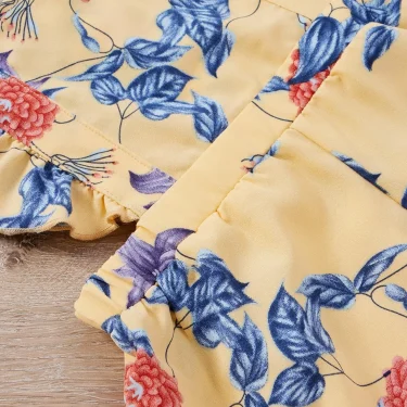 Summer girls conservative commute less sook flower print lace camisole yellow square collar pleated elastic romper 3