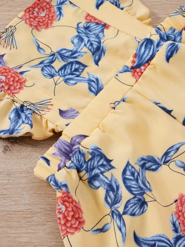 Summer girls conservative commute less sook flower print lace camisole yellow square collar pleated elastic romper 3