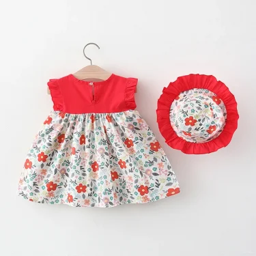 2Piece Set Summer Toddler Dresses For Girls Korean Fashion Flowers Sleeveless Beach Princess Dress+Hat Baby Clothes Outfit BC140 4