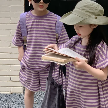 MILANCEL Summer Kids Clothing Set Striped Tee And Shorts Boys Casual Suit Girl Long Dress Brother And Sister Clothes 1