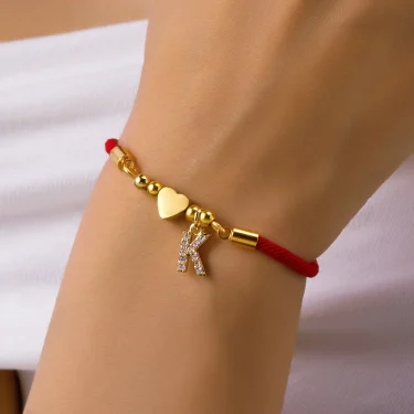 Stainless Steel Gold Color A-Z Heart Initial Letter Bracelet for Women Lucky Red Adjustable Rope Bracelet Charm Jewelry Gift 1