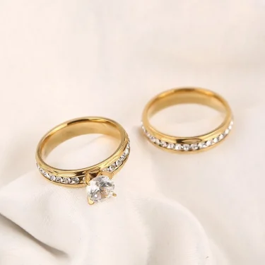 A Pair of Wedding Rings Stainless Steel Charm Gemstone Crystal Engagement Ring for Women Men Jewelry Findings Gifts 3