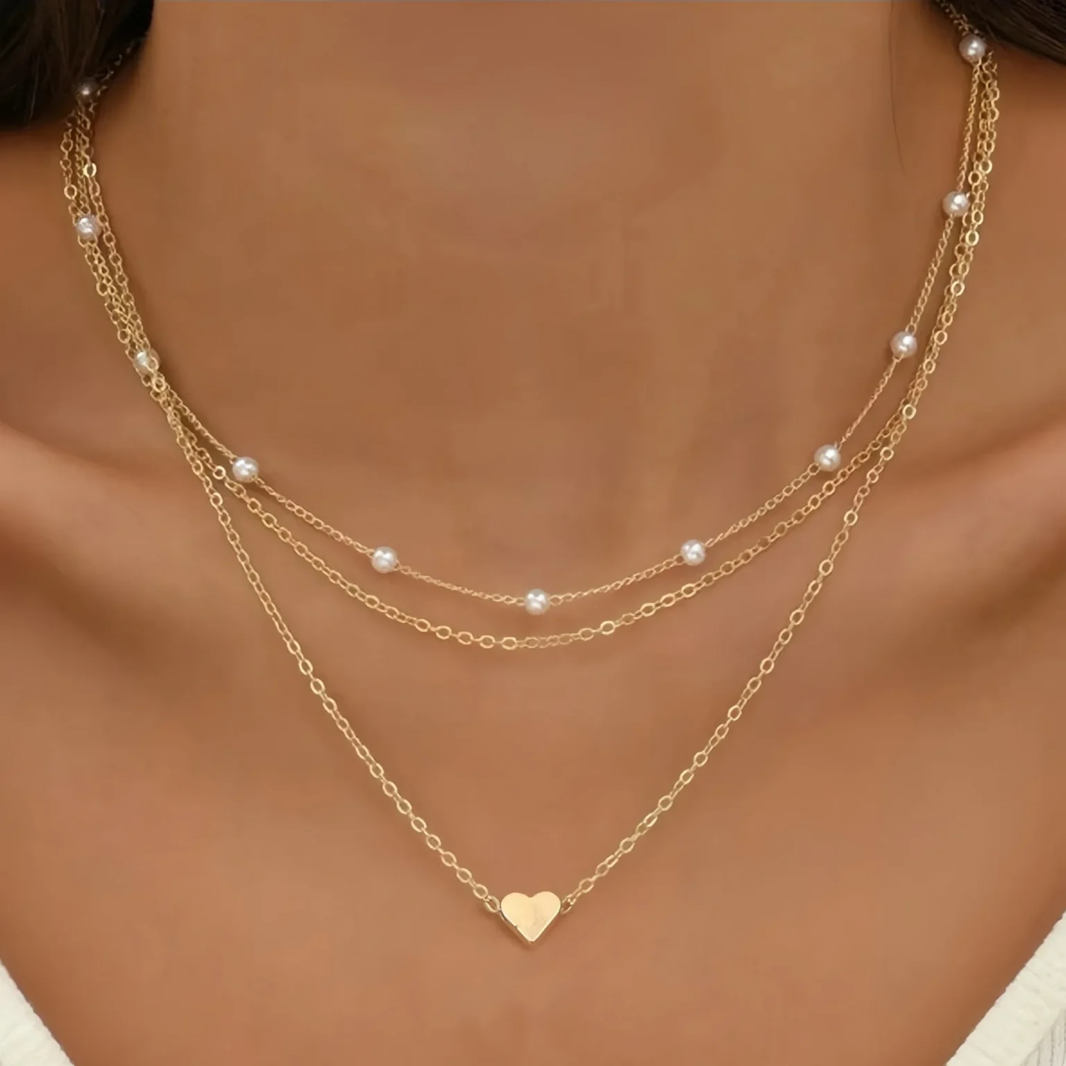 LATS Simple Pearl Choker Necklaces for Women Fashion Double Layer Chain Small Love Heart Pendant Necklace Jewelry Gift Wholesale 2