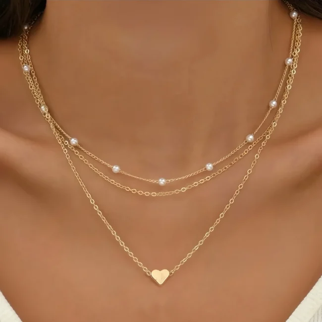 LATS Simple Pearl Choker Necklaces for Women Fashion Double Layer Chain Small Love Heart Pendant Necklace Jewelry Gift Wholesale 2
