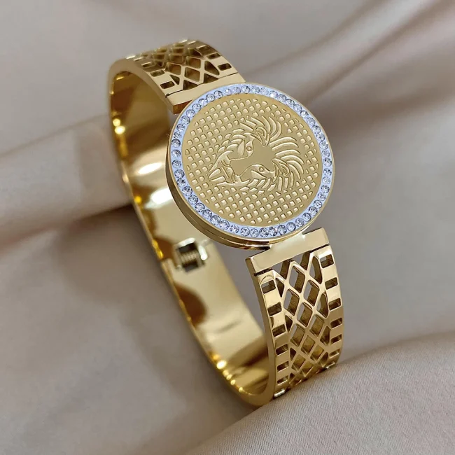 AENSOA Chunky Punk Gold Color Charm Leaf Wide Big Coin Stainless Steel Wide Bangle Bracelet for Women New Geometric Jewelry Gift 5