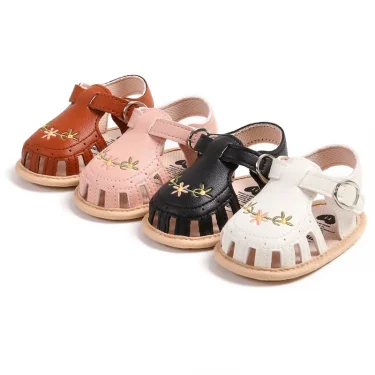 Newborn Infant Baby Girl PU Leather Embroidery Flower Sandals Summer Soft Sole Flat Princess Shoes Infant Non-Slip First Walkers 2