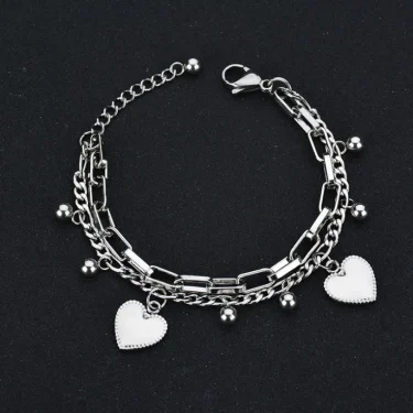 316L Stainless Steel New Fashion Upscale Jewelry Bohemia 2 Layer Ball Lovers Love Heart Charm Thick Chain Bracelet For women 3