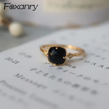 Foxanry Gold Color Black Zircon Rings For Women Couples Minimalist Fashion Classic Elegant Vintage Engagement Jewelry Gifts 1