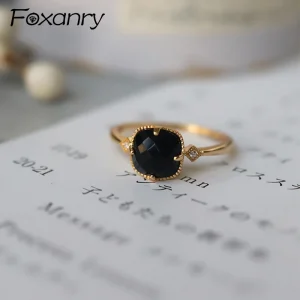 Foxanry Gold Color Black Zircon Rings For Women Couples Minimalist Fashion Classic Elegant Vintage Engagement Jewelry Gifts 1