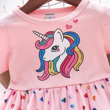 2025 Summer Baby Girls Cartoon Unicorn Dress Cotton Mesh Party Princess Dresses For 2-6 Years Children Kids Clothes 5