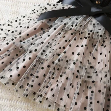 Baby Girl Flying Sleeves Knitted Dress Kids Polka Dot Mesh Dress Girl Princess Cake Dress Kids Elegant Black Dress for 2-6 Years 4