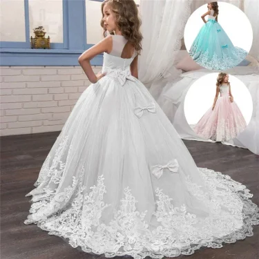 6-14 Years Lace Tulle Flower Girl Dresses Flower Bows Children First Communion Ball Gown Wedding Party Bridesmaid Dress for Kids 1