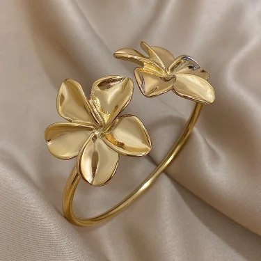 Greatera Stainless Steel Double Flower Cuff Bracelet Bangle for Women Gold Color Metal Floral Bracelets Waterproof Party Jewelry 1