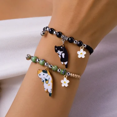 Cartoon Enamel Animal Cat Flower Bracelet for Girl Kids Women Charm Pet Pendant Strap Rope Bracelets Handmade Friendship Jewelry 1