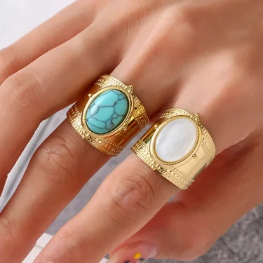 Bohemia Turquoise Natural Stone Wide Open Rings for Women 14K Gold Plated Stainless Steel Ring Finger Rings Women Jewelry Gifts 4