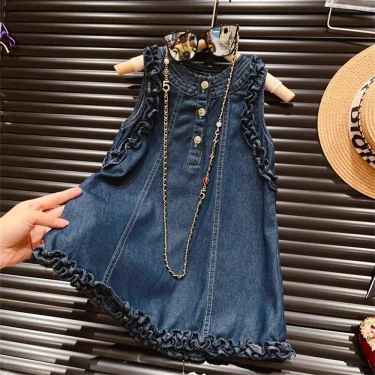 Bear Leader Summer 2024 New Girl Fungus Edge Solid Color Three-Button Classic Denim Sleeveless Vest Dress 2