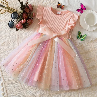 New Girls Dress for Sequins Birthday 1-5Y Toddler Girls Rainbow Tulle Dress Sweet Kids Princess Dress for Girls 2025 Summer Wear 1