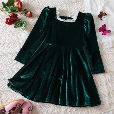 Autumn Winter Dress for Kids Girls Green/Red Color Christmas Costume Elegant Birthday Party Princess Dress Children's Clothing 1