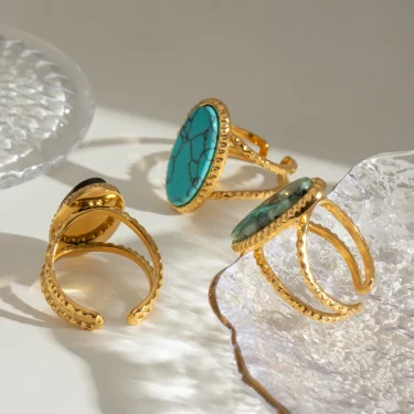 18K Gold Plated Stainless Steel Oval Natural Stone Adjustable Opening Ring ​​Women Charms Metal Texture Waterproof Jewelry 6