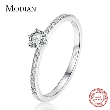 Modian Solid 925 Sterling Silver Simple Round Clear CZ Finger Rings For Women & Girls Cassic Wedding Statement Fine Jewelry Gift 1