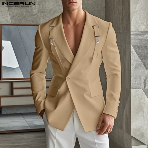 Fashion Well Fitting Tops INCERUN New Men's Deconstruct Metal Buckle Suit Coat Casual Streetwear Male Solid Long Sleeved Blazer 2