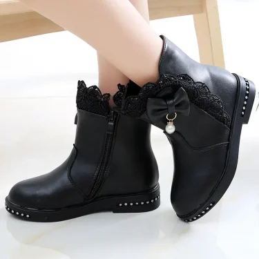 Girls Princess Boots Kids Ankle Boots Lace with Bow-knot Sweet Warm Cotton Children Rubber Boots Fur Lining Snow Boots Shoes New 3