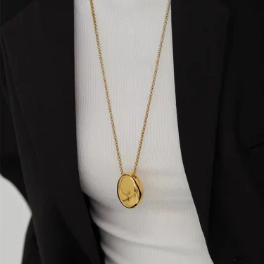 European and American Oval Pendant stainless steel Gold Color Long Necklace Fashion Jewelry Accessories Sweater Chian For Womens 2
