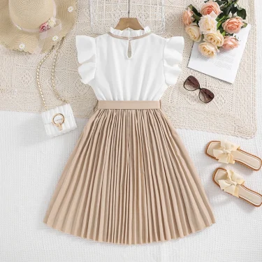 Kids Dress For Girls White Petal Sleeves Pleated Khaki Skirt &Bow tie Preppy Style Elegant Birthday Party Clothes For 8-12 Years 2