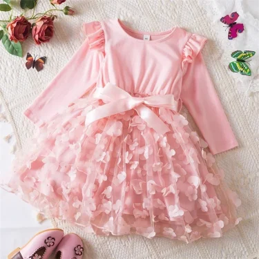 Fall Dress for Girls Pink Princess Dresses Elegant Children Birthday Party Costume for Long Sleeve 2-6Y Children's Autumn Clothe 1