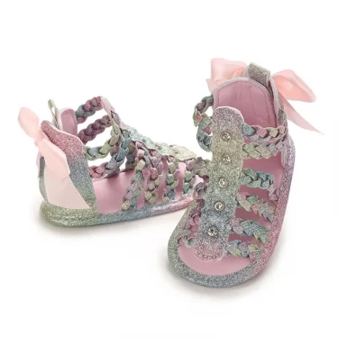 Baby Girl Sandals, PU Leather Braided Non-slip Bowknot Summer Flats Toddler Shoes for Casual Daily 4