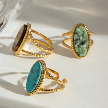 18K Gold Plated Stainless Steel Oval Natural Stone Adjustable Opening Ring ​​Women Charms Metal Texture Waterproof Jewelry 5