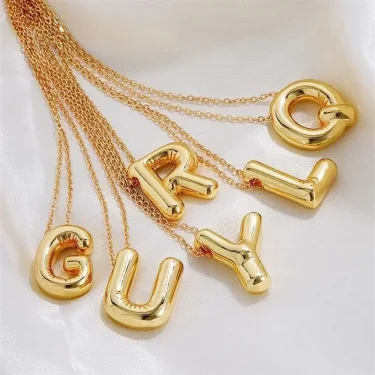LATS Gold Plated Metal Chunky Alphabet Balloon Bubble Initial Letter Pendant Necklace for Women Men Boy Fashion Jewelry 4