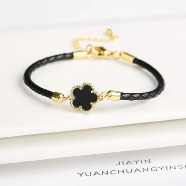 Classic Genuine Leather Woven Natural Stone Five Leaf Flower Charm Bracelet Fashion for Women Girls Party Wedding Jewelry Gift 1