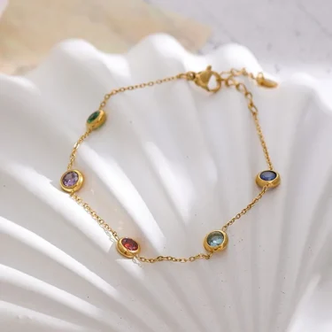 ANENJERY 316L Stainless Steel Round Square Colorful Zircon Bracelet for Women Sweet Simple Bracelet Praty Jewelry Wholesale 4