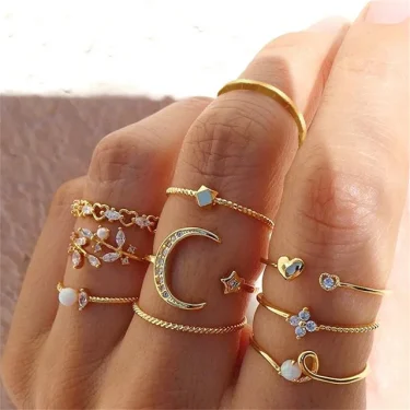 New Boho Gold Color Heart Rings Set For Women Vintage Geometric Cross Pearl Butterfly Finger Ring Female Trendy Jewelry Gifts 2
