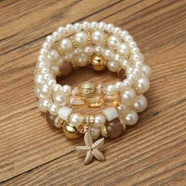 Imitation Pearl Stretch Bead Bracelets Set For Women Metal Adjustable Elastic Charms Vintage Strand Girls' Fashion Jewelry C1306 4